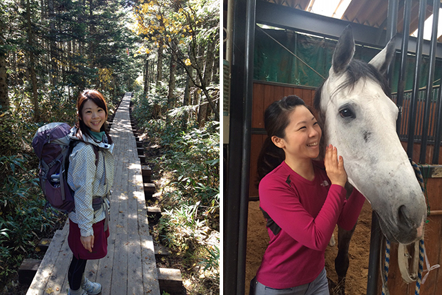 休日には登山や温泉など、自然の空気に触れる。最近は富士通乗馬部にも所属。